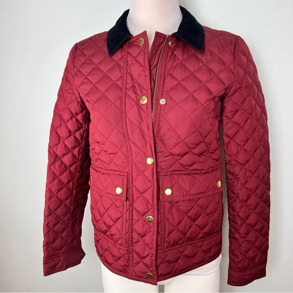J.Crew Quilted Down-Filled Jacket Burgundy Corduroy Collar Women’s Size XS